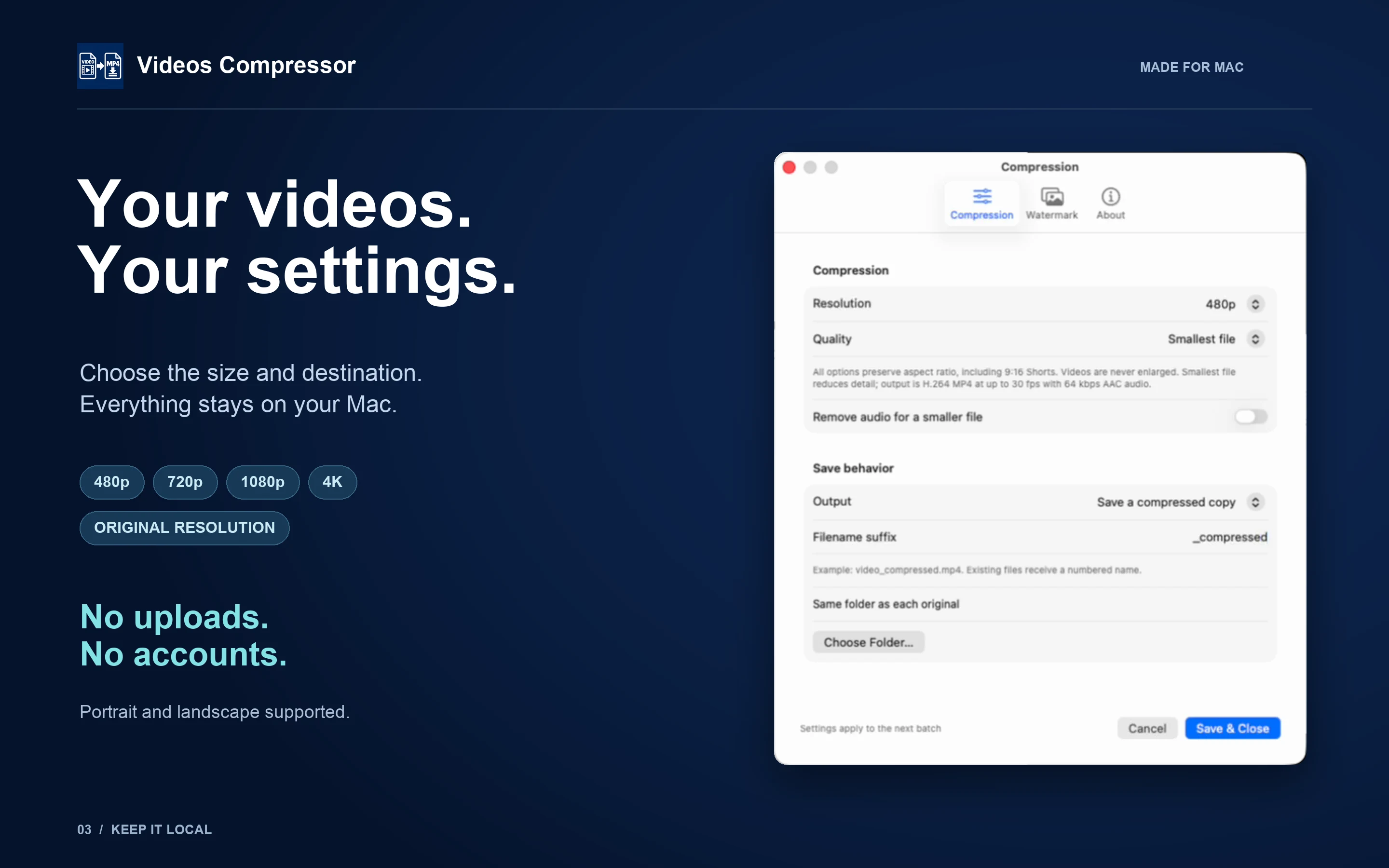 Compression settings with resolution, quality and output folder controls
